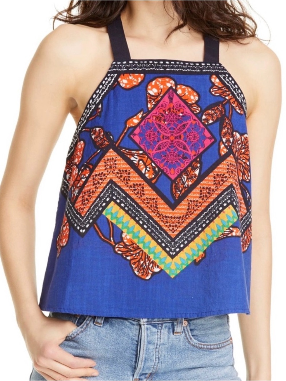Free People Blue Cool Cabana Sleeveless Geometric Print Halter Top medium